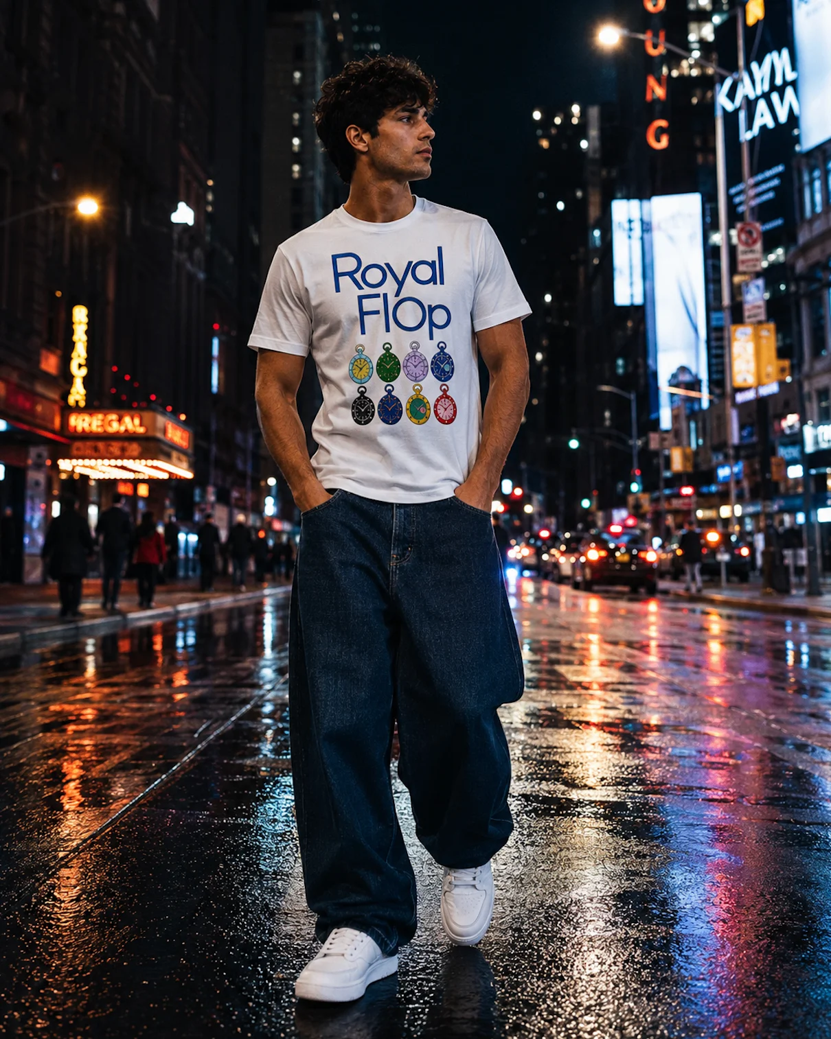 Man wearing the Royal Flop tee on a neon-lit New York street at night